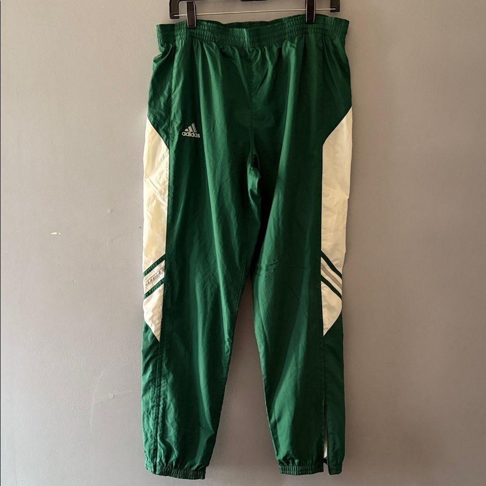 VTG Adidas Windbreaker Pants SZ S Green White Baggy Lined Jogger (Flaw)
